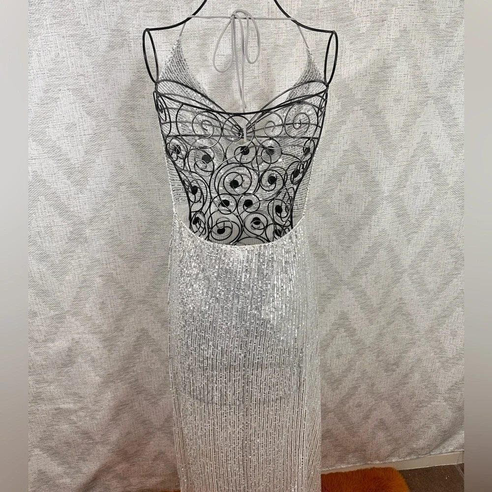 Lucy in the Sky Kaira cowl neck silver sequin maxi dress with leg slit size L
